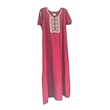Womens Caftan Nightgown Cotton Magenta Neck Embroidered Boho Maxi Dress