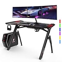 AuAg 47" Gaming Style Desk Computer Home Office Desk Student Table PC Desk with Cup Holder & Headphone Hook Powerful Cabling Management PC Desk with Colorful RGB Lights