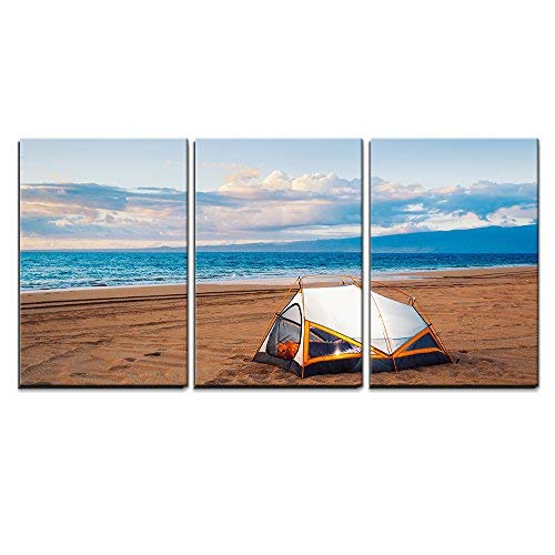 Camping on The Beach at Sunset Home Art x3 Panels
