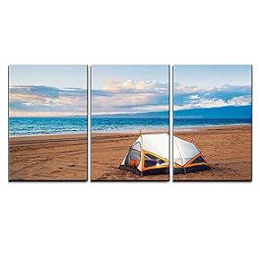 3 Piece Canvas Wall Art - Camping on The Beach at Sunset - Modern Home Art Stretched and Framed Ready to Hang - 16"x24"x3 Panels