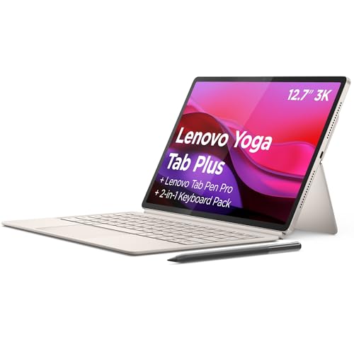 Lenovo Yoga Tab Plus, AI Tablet, 12.7 144Hz 3K Display, Snapdragon 8 Gen 3 Processor, 16GB RAM, 256GB Memory, WiFi 6, Android 14 Tablet, Tab Pen Pro and Keyboard Included - Seashell