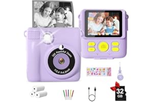 GKTZ Kids Instant Print Camera - Toddler Digital Camera with 32GB Card - IPS HD Screen, 2000mAh Battery, Ultra-Fast Printing, Perfect Birthday for Girls & Boys Ages 3-16, Purple