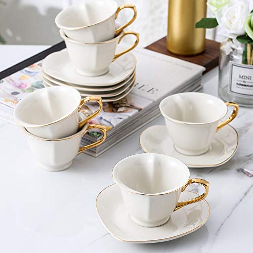 ARTVIGOR Coffee and Tea Service Set Heart Shape Cream White Porcelain Gold Rimmed Gift Box for 6