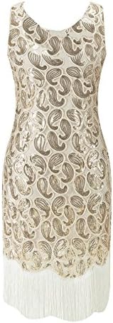Solatin Women's Vintage 1920s Sequined Embellished Fringed Paisley Flapper Dresses(Gold XL)