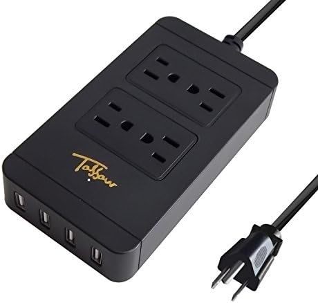 TOSSOW Charging Station, Smart 4 Outlet 4 USB Port 5.5ft Cord 1700 Joule Surge Protector Travel Power Strip 100-240V 10A for Kindle, iPhone 7 6 6S Plus 5S, iPad, Samsung Galaxy S7/S6 and More, Black