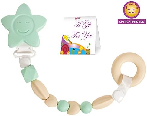 Teether Toy Pacifier Clip - Baby Girl or Boy Star Beaded Silicone Teething Toy and Pacifier Clip - Circle Theether Included - Mint Green Blue Color - Greeting Card Included for Baby Gifts