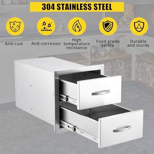 Garvee Stainless Steel Outdoor Kitchen Drawers, Flush Mount Built-in BBQ Drawer with Ventilation Panel - Weatherproof Drawer for Grill Island, Patio Cabinet Storage, 2-Drawer, 14"W×15"H
