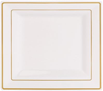 -Disposable Plastic Dessert Plates 120 Pcs Cake Plates - Heavy Duty Square Salad Plates - White with Gold Party Appetizer Plates For All Occasions