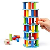 Coogam Wooden Tower Stacking Game, Fine Motor Skill Building Blocks with Dice Toppling Leaning Tower Toy Montessori Family Party Games for Kids and Adults