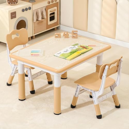 Kids Table and 2 Chairs Set, Height-Adjustable Toddler and Desk and Chair, Children Activity Graffiti Desktop for Classroom Daycare Home, 3-Piece Set Yellow Beige