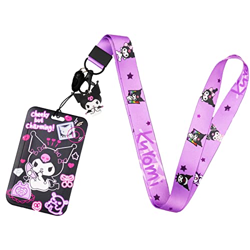 Cartoon Lanyard ID Holder Kawaii Cat Key Card Cute Badge Holder with Lanyards for Girls Women Gift (Purple)