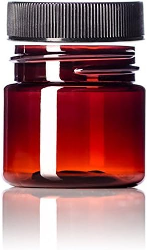1 Ounce Amber Single Wall PET Plastic Jars with Ribbed Foam Lined Lid includes Gift Card (12 Pack)
