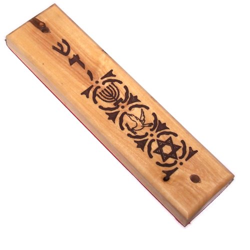 Menorah with Star of David and Pigeon Polished Olive Wood Mezuzah ( 4 inches ) - fits 2.5 Inch Klaf