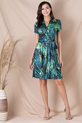Fresca Women\'s Casual V Neck Belted Short Sleeve Swing A Line Faux Wrap Dress Green Leaf Small