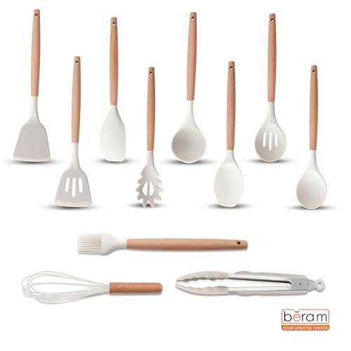 BERAM 19 Piece Kitchen Utensil Set Heat Resistant Silicone with Wooden Handles Non Stick Cooking Tools Beige