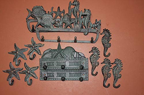 Southern Metal Antiqued Look Nautical Bathroom Decor Set, Sea Life Towel Hook Rack Seahorse Towel Hooks Bundle 12 Items, Sea Breeze