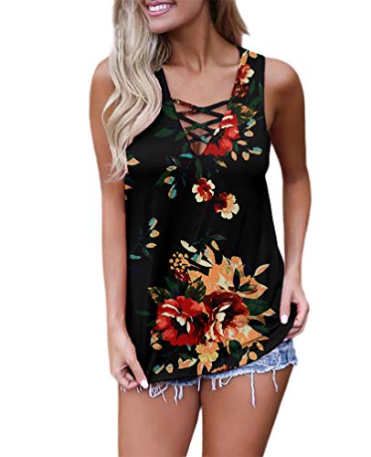 Feiersi Women's Sleeveless Criss Cross Print Casual Tank Tops Basic Blouse(Floral Brown Black,XL)