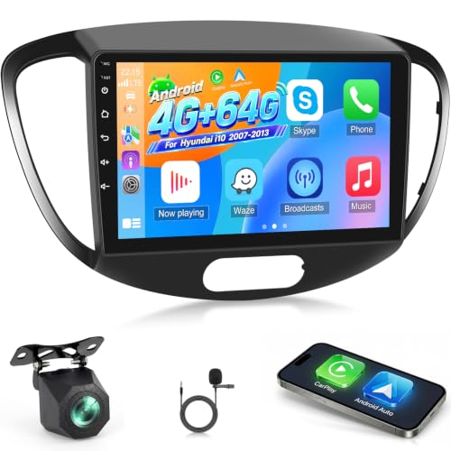 NHOPEEW Autoradio Android per Hyundai i10 con CarPlay e Android Auto | Compatibile con Hyundai i10 2007-2013, WiFi, Mirror Link, DSP, schermo diviso, telecamera di retromarcia e microfono