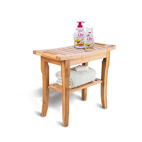 SMAGREHO Bamboo Shower Seat Bench Bathroom Spa Bath Organizer Stool with 2-Tier Storage Shelf