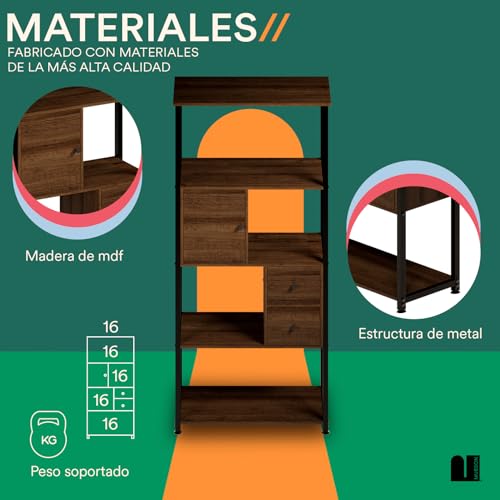 MUBSON Estante Organizador de 4 Repisas con Cajones Organizadores para Sala, Recamara o Estudio. Librero Minimalista Greto con Altura de 158 cm. Estanteria. Bookshelf Decor. Shelf Organizer