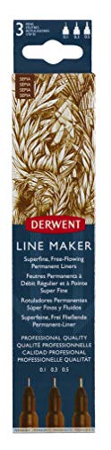 LINE Derwent Sepia Maker Pens, Set of 3, Fine Liners, Mixed Nib Size, Fast-Drying Ink, Ideal for Sketching, Writing, Illustrating and Colouring, Professional Quality, 2305561