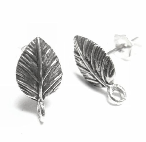 2 pcs .925 Bali Sterling Silver Leaf Stud Earrings Loop Post/Findings/Antique