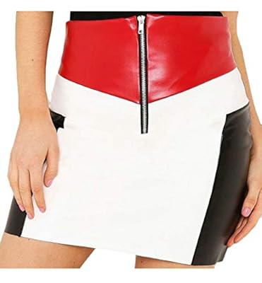 Pandapang Women Faux Leather Zipper Slim Contrast Color Mini Bodycon Skirts