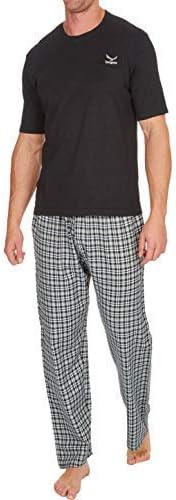 Mens Pyjamas Set Short Sleeve Top & Woven Long Bottoms Pants