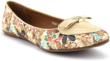 Machi Ladies Heart-1 Patent Heart Floral Print Flats, Beige, 9