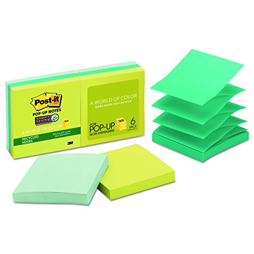 Post-it Recycled Super Sticky Pop-up Notes, 3 in x 3 in, Bora Bora Collection, 6 Pads/Pack