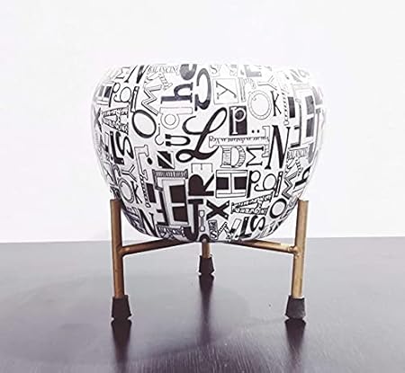 Shyam Decor Compact 5 Inch Metal Alphabetical Printed Planter Pot with Metal Stand White and Black Colour