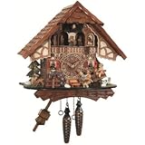 Quartz Cuckoo Clock Black forest house, turning mill-wheel, moving seesaw
