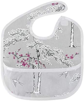 MALPLENA Essentials Lap Shoulder Bibs Colours Blossoming Grey & Purple Foliage Bird Waterproof Fabric for Baby Girls or Boys