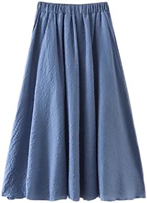 Women's Cotton Linen Maxi Long Beach High Waist Boho Elastic Waist Pleated Skirt Denim Blue One Size