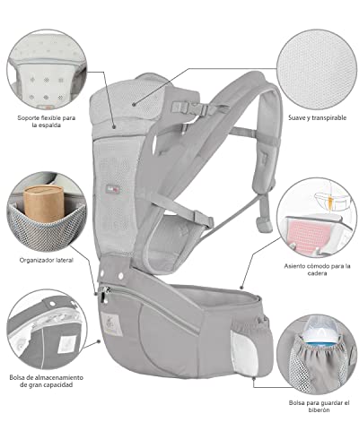 Hisemy Mochila portabebe，cangurera para bebé para Bebé Ergonomico，Portabebé Asiento de Cader con Asiento de Cadera，Ajustable、Cómodo y transpirable，para Bebés Niños Pequeños Recién Nacido 0-36 Meses