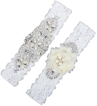 Prettybabyonline Wedding Bridal Garter Set Lace Rhinestones Pearls Handmade Flowers (L/17-21 inches, Ivory)