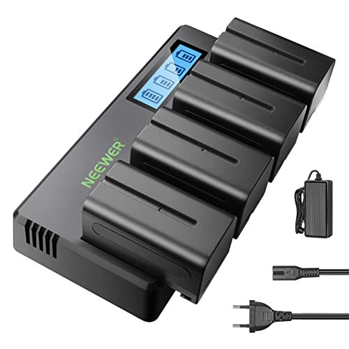 NEEWER 4 Pack NP-F750 7.4V 5600mAh Replacement Batteries with 4 Channel Battery Charger and Power Adapter, Compatible with NP-F550/750/770/970 FM500H QM71D QM91D, Field Monitor, Light