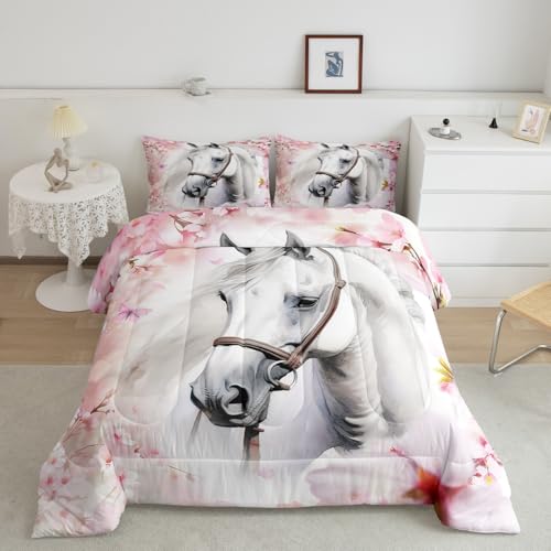 Erosebridal White Horse Bedding Set Queen Pink