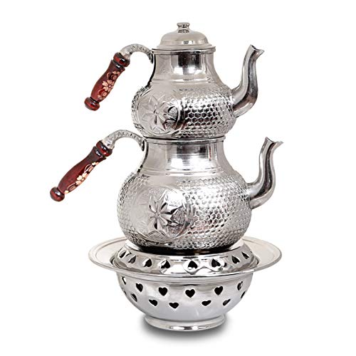 Handgefertigte Kupfer-Teekanne mit Ottomanen-Heizung, authentisches Wabenmuster, Samowar, Wasserkocher, silberfarben