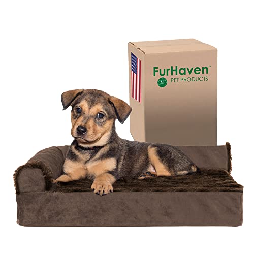 Furhaven Orthopedic Dog Bed for Small Dogs w/Removable Bolsters & Washable Cover, For Dogs Up to 20 lbs - Plush & Velvet L Shaped Chaise - Sable Brown, Small