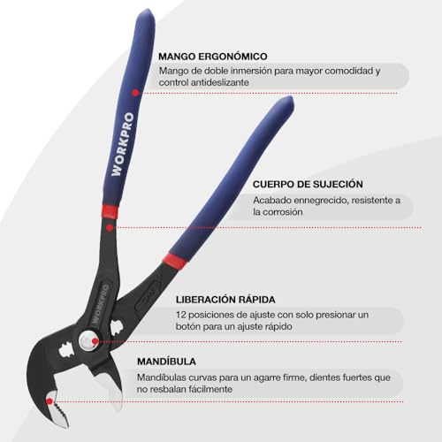 WORKPRO Curved Water Pump Pliers 250 mm, Extendable Pliers, Water Pump Pliers, Parrot Spike Pliers with Curved Groove