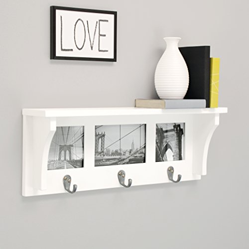 Kiera Grace Riley Wall Shelf and Picture Collage with 3 Hooks, 18.5-Inch by 7-Inch, Holds 2- 4 by 4-Inch and 1- 4 by 6-Inch Photo, White
