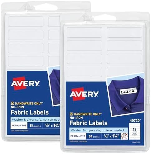 AVERY No-Iron Fabric Labels White | Washer and Dryer-Safe | Handwrite with Marker | 1/2" x 1-3/4" | 54 Labels, Pack of 18 Image