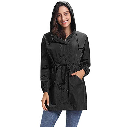 Red Ta Women Waterproof Long Sleeve Solid Color Drawstring Hooded Windbreaker Jacket Outerwear