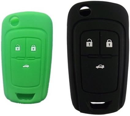 2pc New Black and Green Silicone Protective Smart Remote Key Case Cover Fob Holder for 2011 2012 2013 Chevrolet Chevy Camaro Cruze Equinox Malibu Orlando Sonic Spark Volt Replacement 3 Buttons Key Case Fob