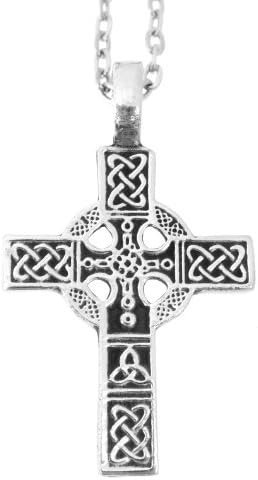 Pewter Celtic Cross with Triquetra Knot High Polish Pendant on 3mm Cable Link Chain