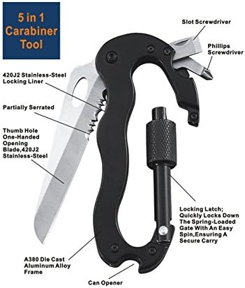 Snowmanna-5 In 1 Outdoor Survival Multifunctional Tool Carabiner with Foldable Knife Screwdriver Bottle Opener Aluminum Alloy Carabiner Hook Keychain Clip for Hiking Mountaineering