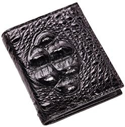 GAVADI Men's Real Crocodile Leather Bifold Wallet Shiny Black Head Skin