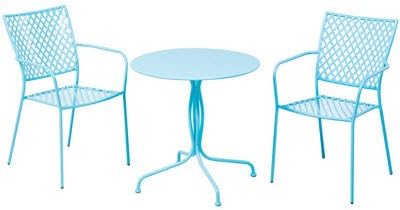3 Piece Outdoor Metal Bistro Set Includes: Bistro Table and 2 Stackable Bistro Chairs in Sky Blue Finish.Table:28'' H x 27.5'' W x 27.5'' L in. and Chairs:34'' H x 24'' W x 17'' D