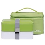 Snitsla Go Bento Box - Bento Boxes for Adults - Easy to Carry Stackable Bento Lunch Box in a Bag with small Cup for Sauce and Lunch Containers with Dividers and Silverware -Green